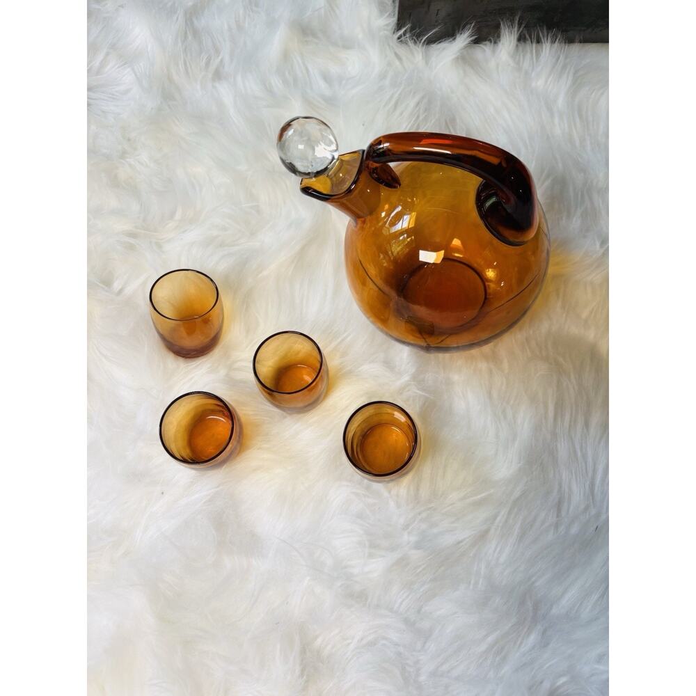Vintage 1930s CAMBRIDGE Glass AMBER BALL TILT DECANTER MINT Complete Set 4 Glass